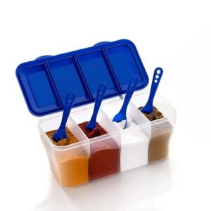 Leawall Multipurpose Plastic 4 in 1 Masala Box for Kitchen, Transparent Pickel Box, 4 Compartment Storage Container Airtight for Cereal, Dry Fruits Dabba1800 Ml with 4 Spoons (Blue)