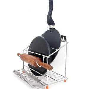 NH10 DESIGNS Stainless Steel Chakla Belan and Tawa Stand for Kitchen – 4 in 1 Tawa Chimta Stand, Rolling Pin Board Holder Wall Stand (Stand Only, Floating Shelves) (NHSP)