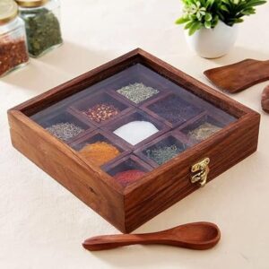 THEHEARTWILL Spice Box With 2 Spoon (Sheesham Wood) Spice Box For Kitchen/Masala Box For Kitchen/Masala Wooden Box For Kitchen/Decorative Handmade Masala Dabba Organizer 9 Containers.