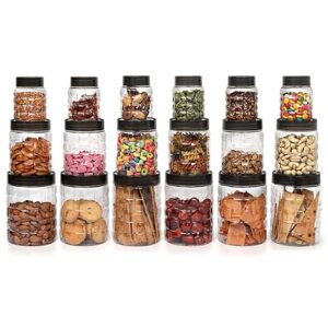 CELLO Checkers Pet Plastic Airtight Canister Set | Food grade and BPA free canisters | Air tight seal & Stackable Transparent | 300ml x 6, 650ml x 6, 1200 x 6, Set of 18